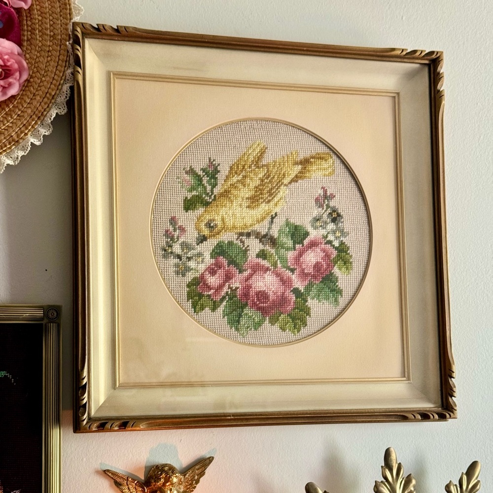 Beautiful Vintage Yellow Bird and Rose Needlepoint in Ornate Gold Frame
